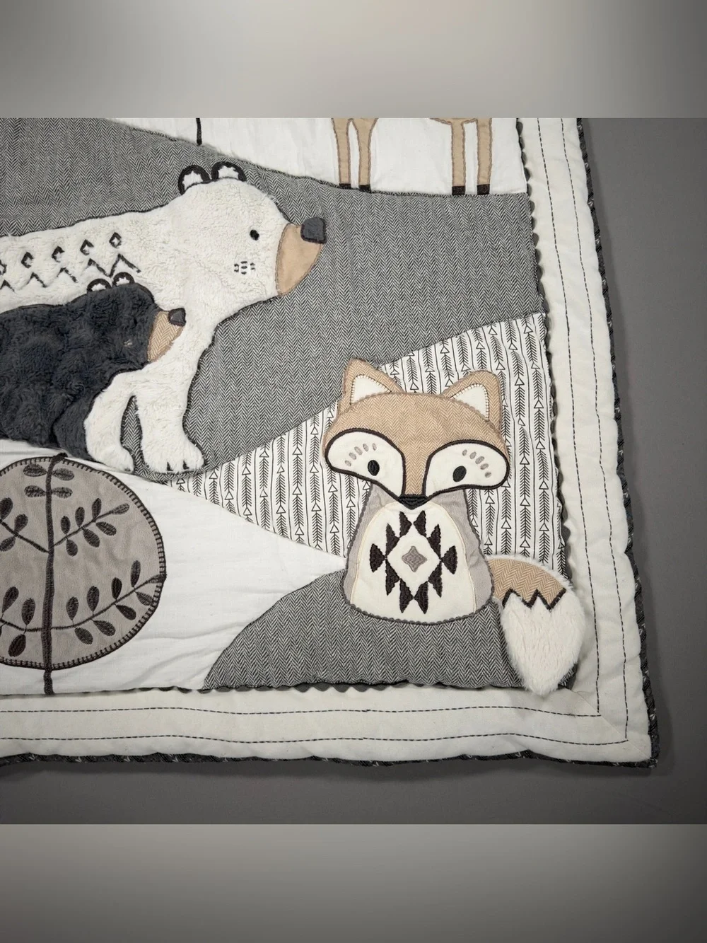 Levtex Baby Woodland Crib Quilt Blanket Bear Fox Deer Nursery Grey White 34x41